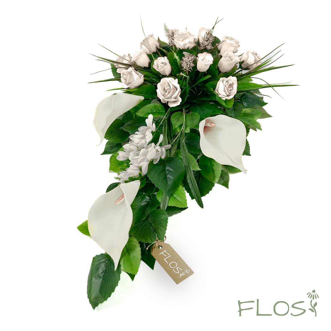 Stroik, wiązanka Raggio biały - białe róże białe kalie i frezje - 02