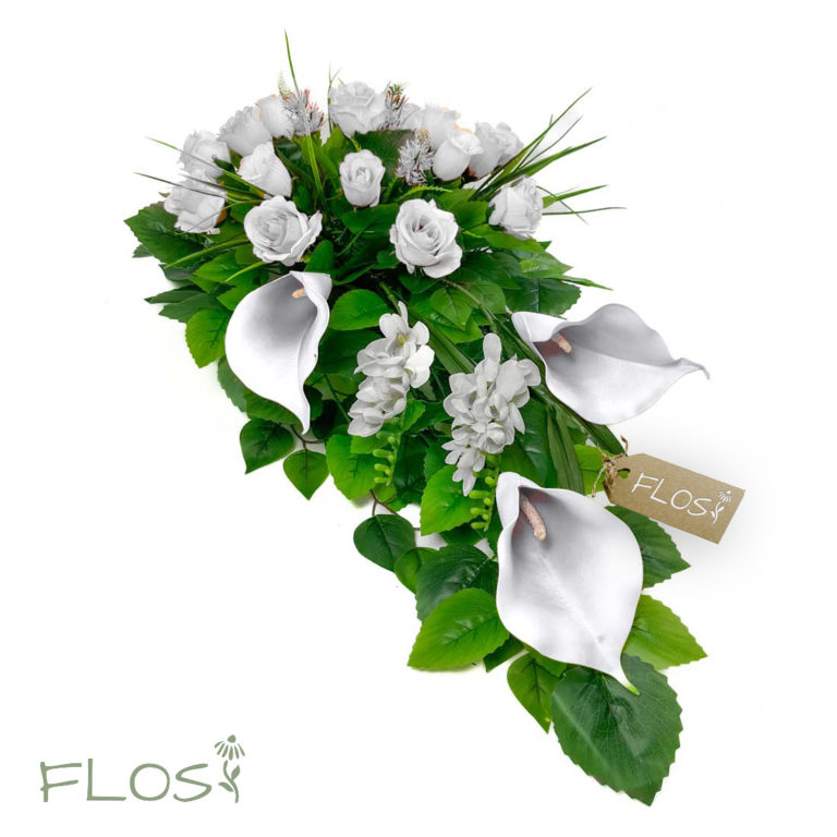 Stroik, wiązanka Raggio biały - białe róże białe kalie i frezje - 01