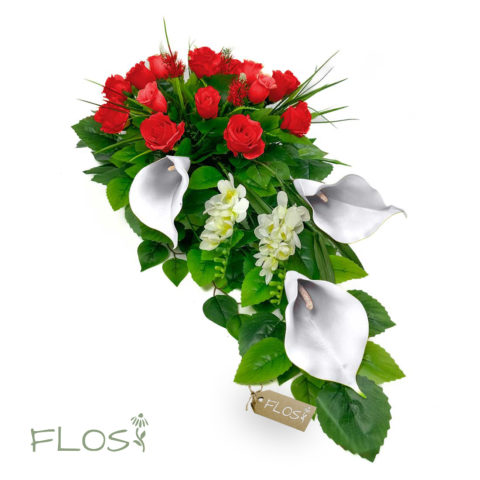 Stroik wiązanka Raggio czerwony - czerwone róże białe kalie i frezje - 02
