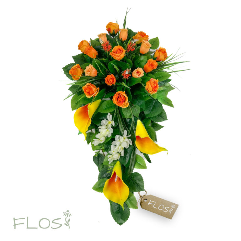Stroik, wiązanka Raggio pomarańczowy - pomarańczowe róże żółtawe kalie i frezje - 03