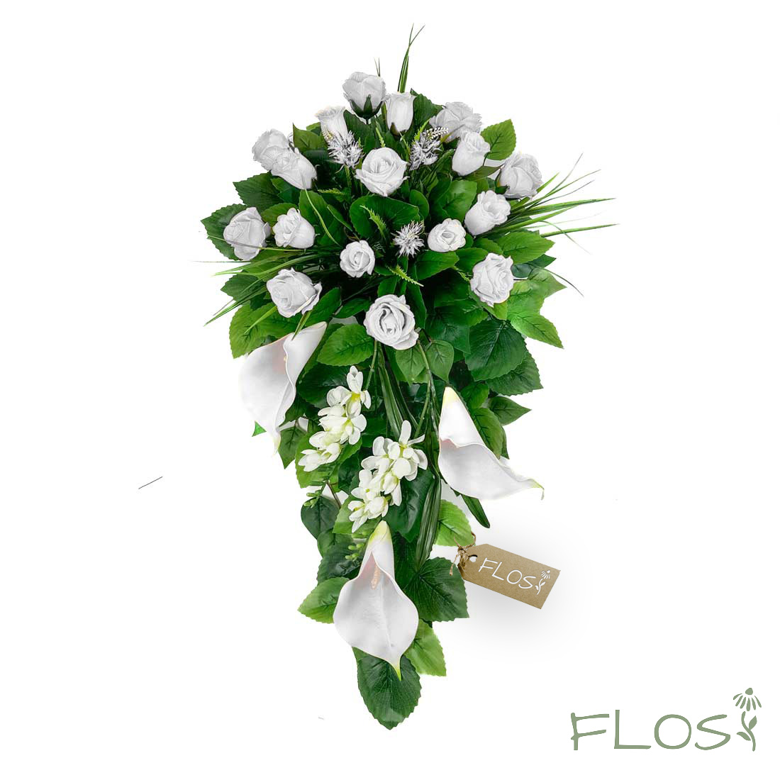 Stroik, wiązanka Raggio biały - białe róże białe kalie i frezje - 04