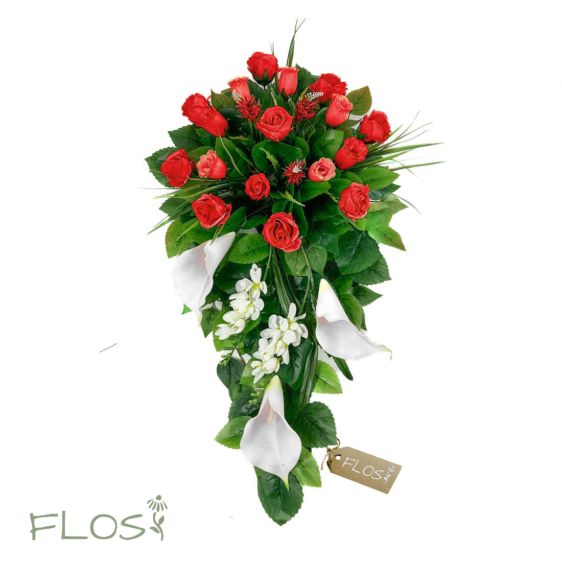 Stroik wiązanka Raggio czerwony - czerwone róże białe kalie i frezje - 01